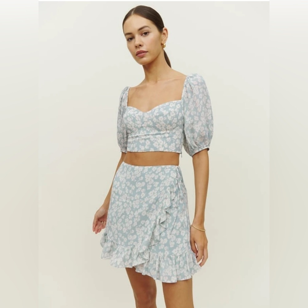 Reformation Sinead Floral Print Crepe Two-piece Crop Top & Skirt, Size 2